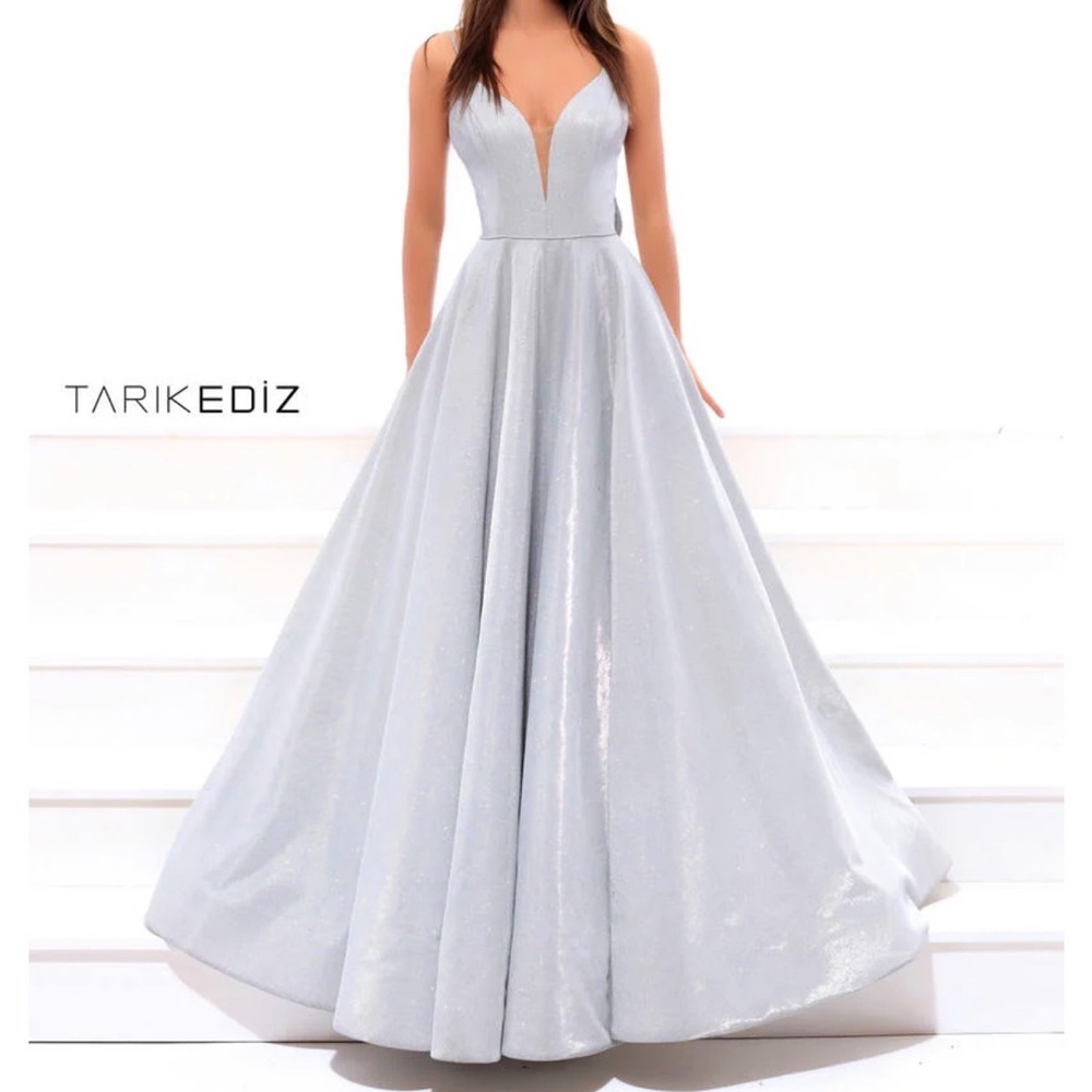 Tarik Ediz Shimmering Silver Prom Dress